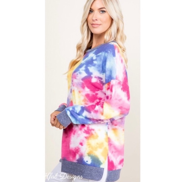 New! Tie Dye Waffle Knit Contrast Side Slit Band Relaxed Top - Picture 10 of 10